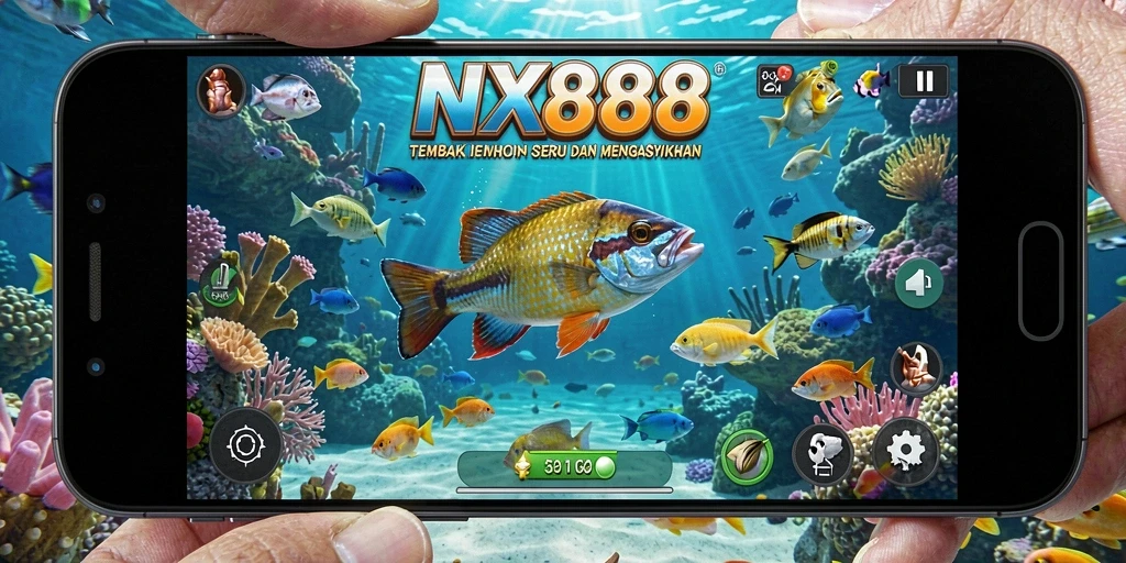 Screenshot NX888 menampilkan momen seru saat menembak ikan.