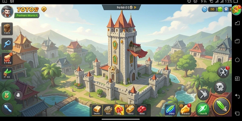 Tampilan gameplay TOTO12 dengan menara dan musuh yang menantang.